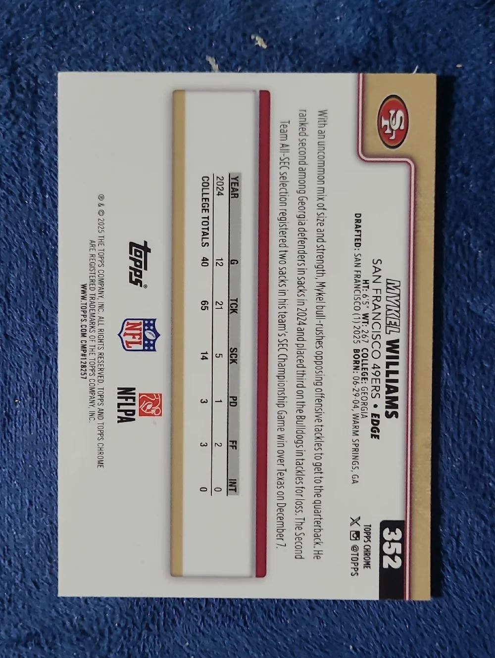 2025 Topps Chrome Mykel Williams Rookue Card - Picture 2 of 2